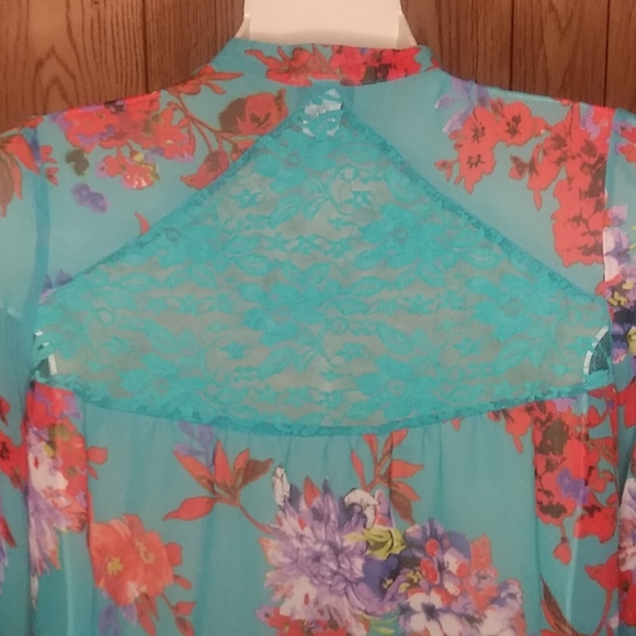 Dots Floral Blue Sheer Chiffon Shirt with Lace 1X - Picture 3 of 8